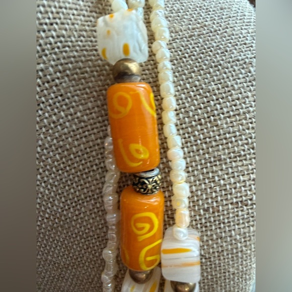 Millefiori Cube & barrel Cream Mustard Orange Art-glass & Seed Bead Necklace - Picture 7 of 14